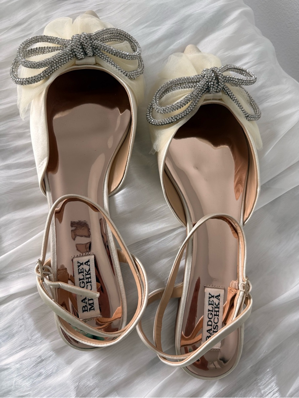 Badgley Mischka Ivory Satin Crystal Bow Slingback Flats
